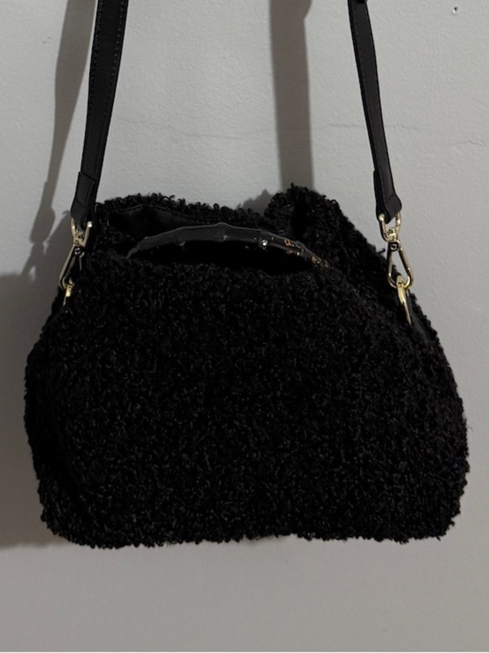 J McLaughlin Purse Black Boucle Teddy Crossbody Bag Gold Hardware Top Handle